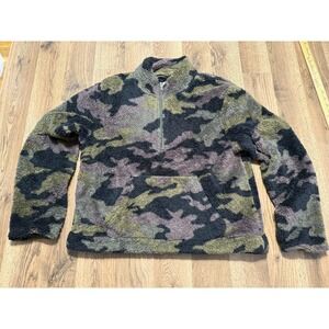 AERO Sweater Womens XL Green Black Brown Camouflage Quarter Zip Pullover